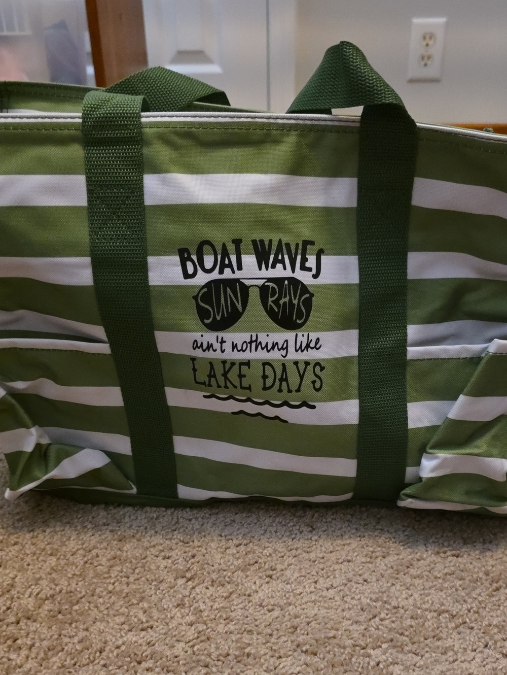 thirty-one Green and White Striped Tote with 'Lake Days' Graphic